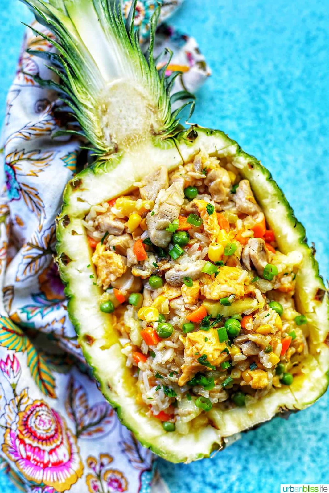 pineapple fried rice in hollowed out pineapple boat