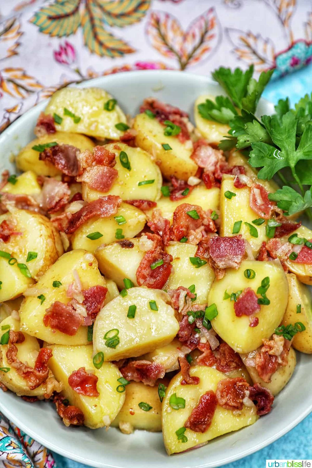 farther away photo of bowl of baby potato salad with bacon