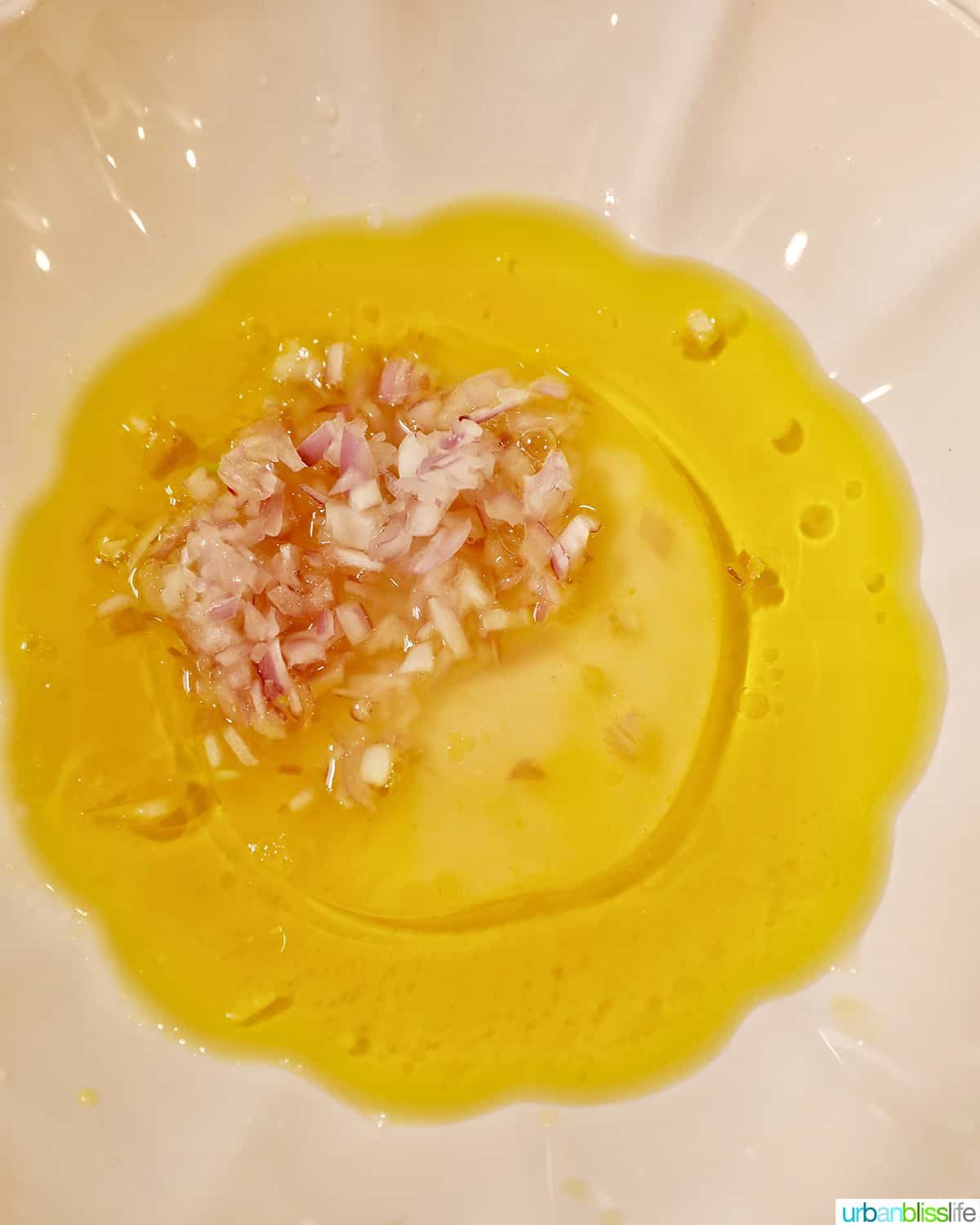 making the vinaigrette for baby potato salad with bacon