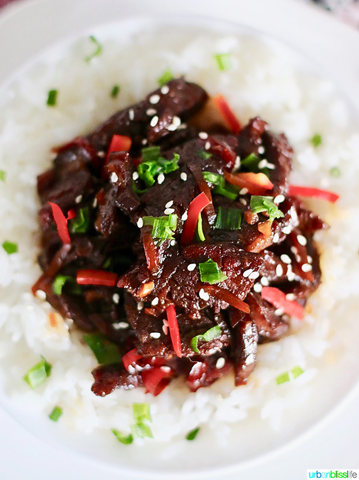 mongolian beef in bowl overhead