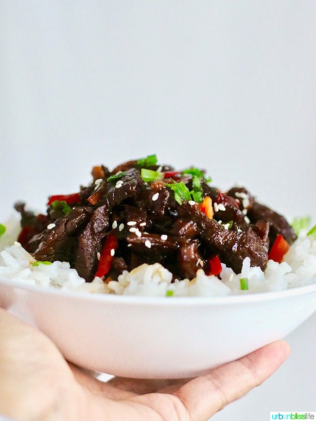 Hearty, tasty Slow Cooker Mongolian Beef recipe on UrbanBlissLife.com