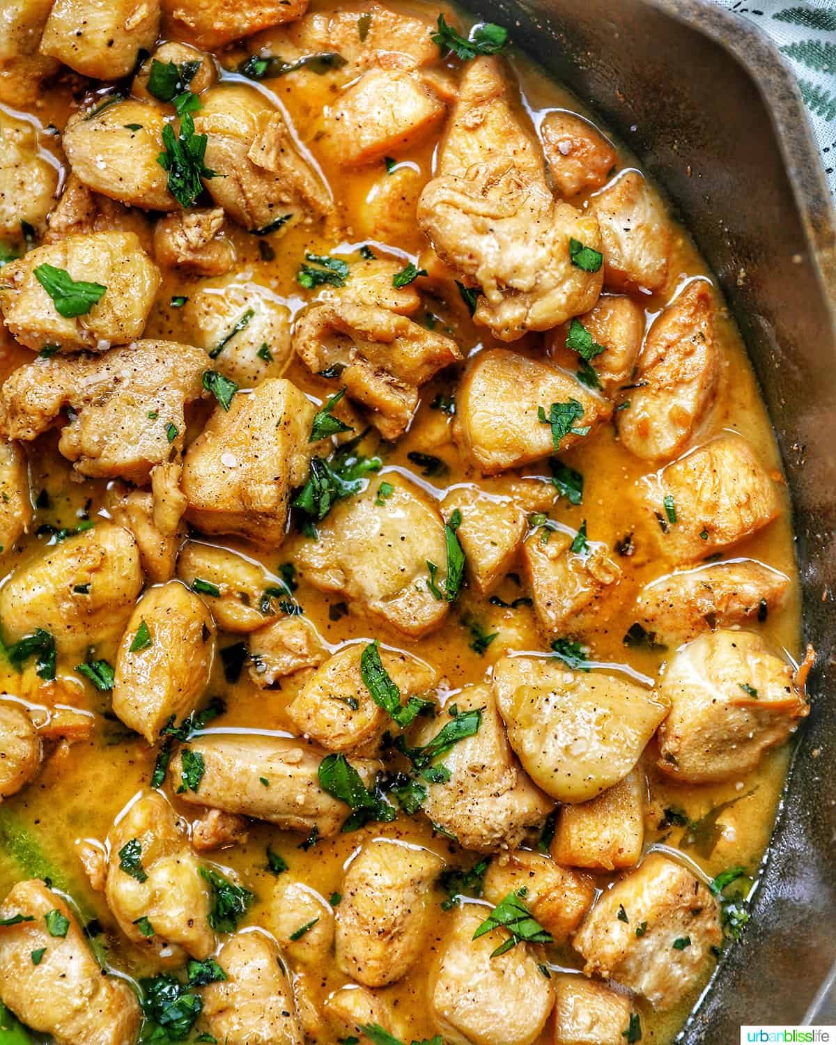 side close up of soy garlic butter chicken bites