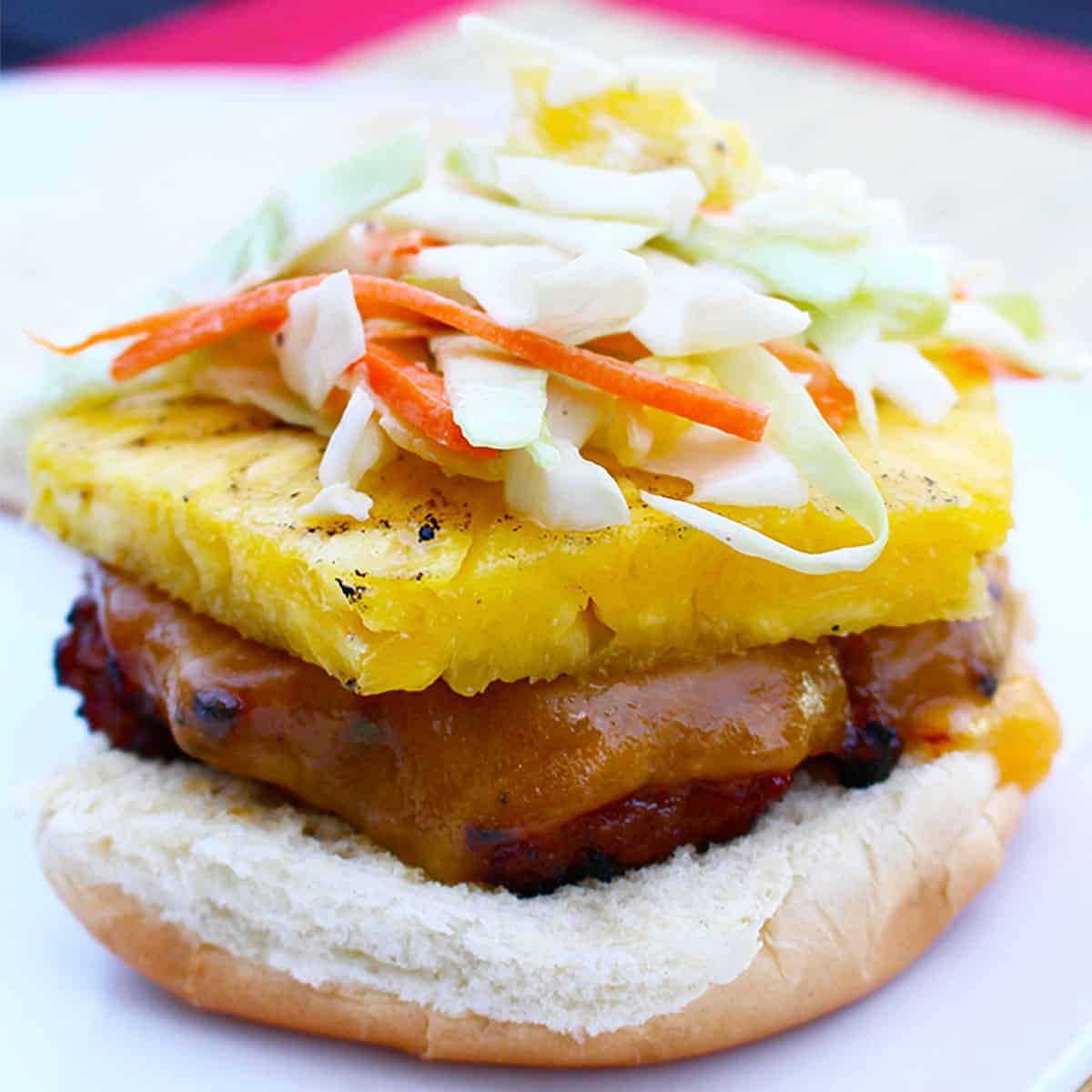 grilled teriyaki turkey burger with pineapple asian slaw.