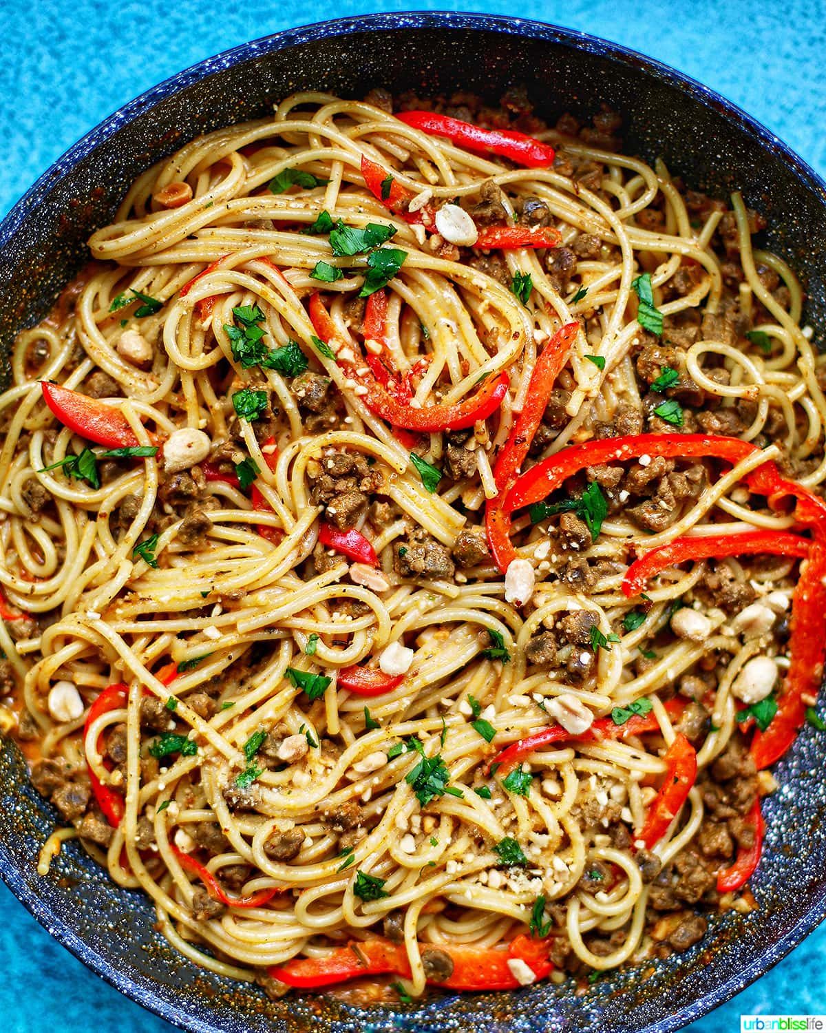 full skillet of vegan Thai Red Curry Pasta