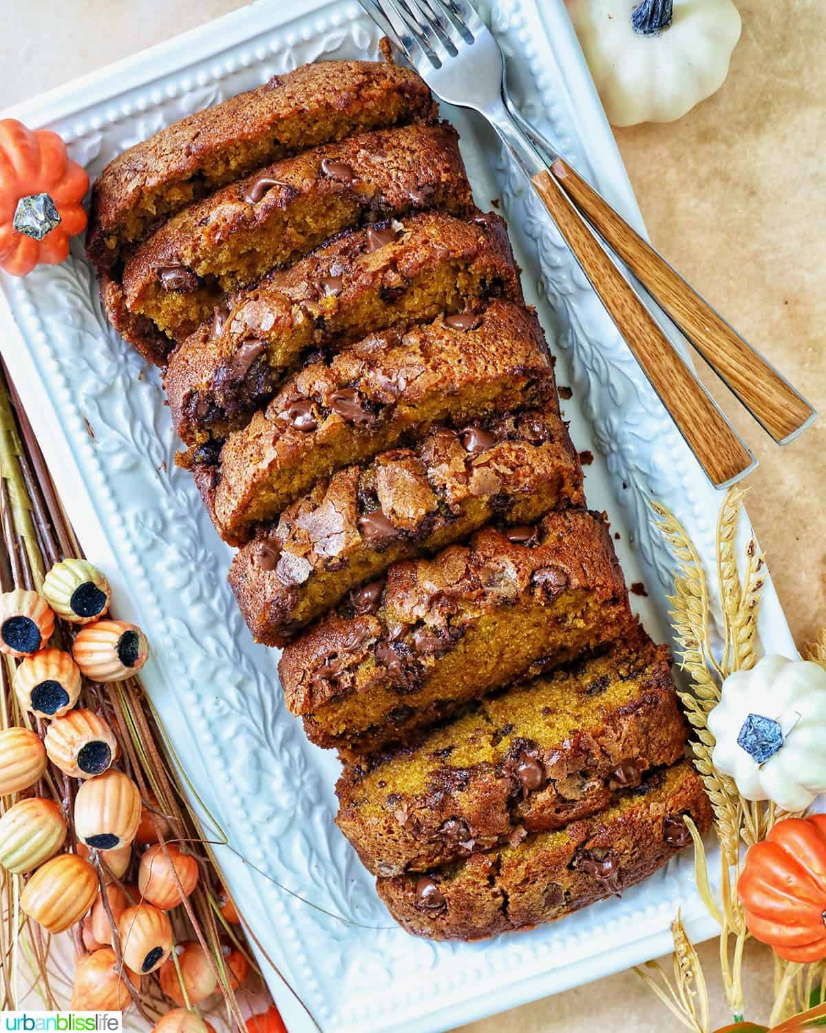 sliced chocolate chip pumpkin bread.