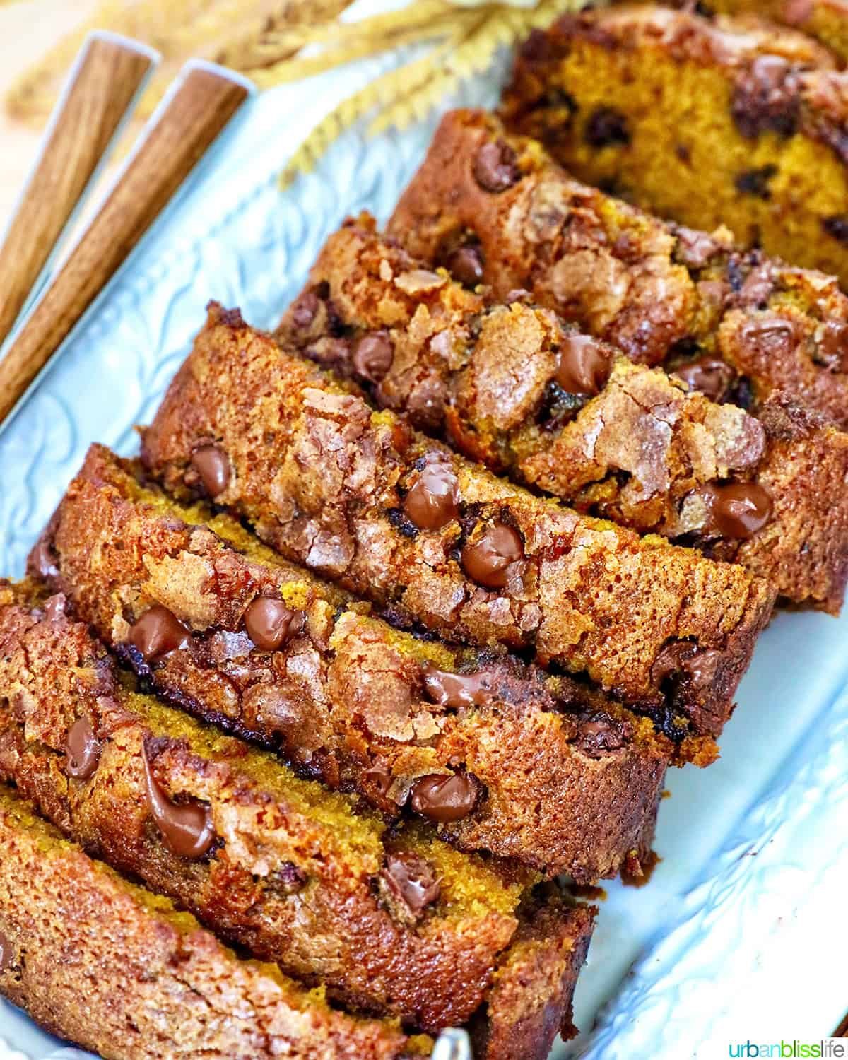 sliced chocolate chip pumpkin bread.
