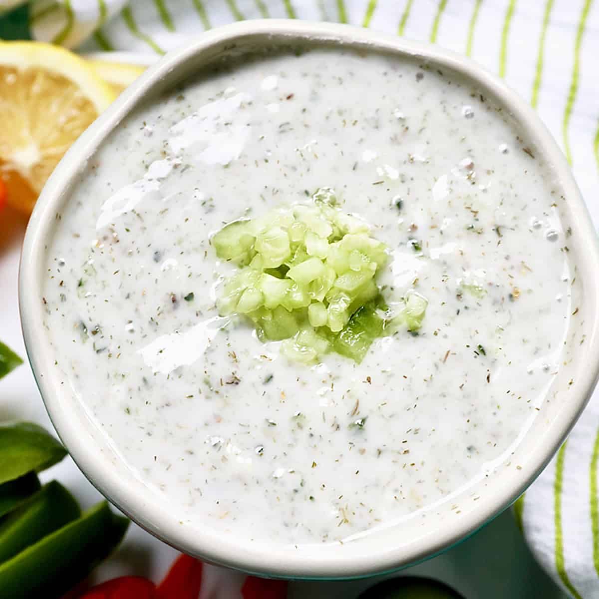 bowl of vegan tzatziki sauce.