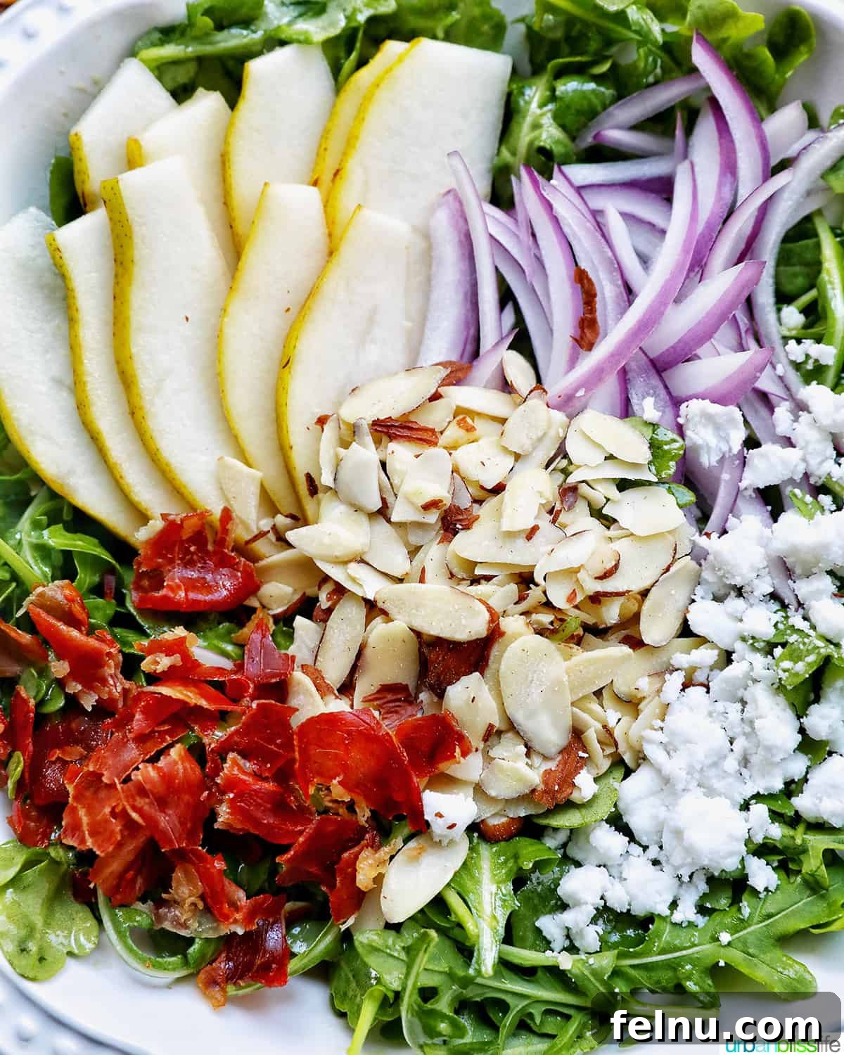 Sweet Pear and Peppery Arugula Salad 11 Closeup of pear arugula salad ingredients, showing textures and colors.