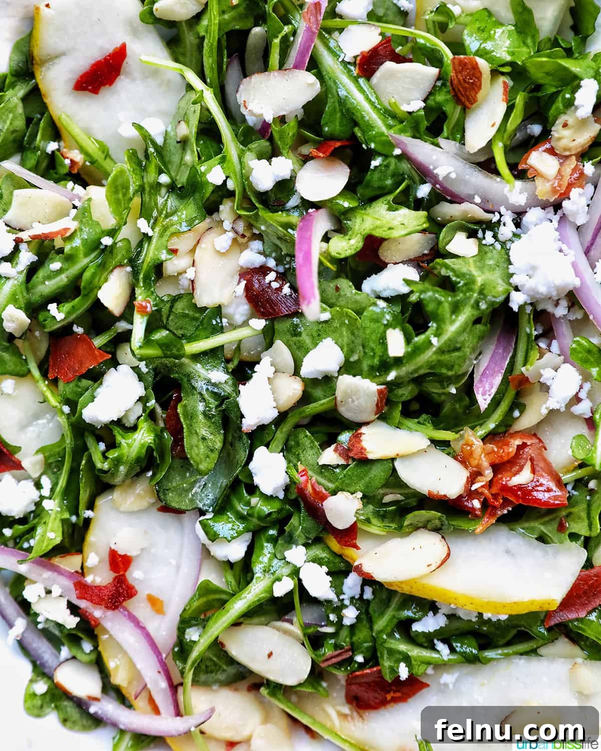 Sweet Pear and Peppery Arugula Salad 13 Closeup of arugula pear salad with sliced almonds and sliced red onions, ready to be served.