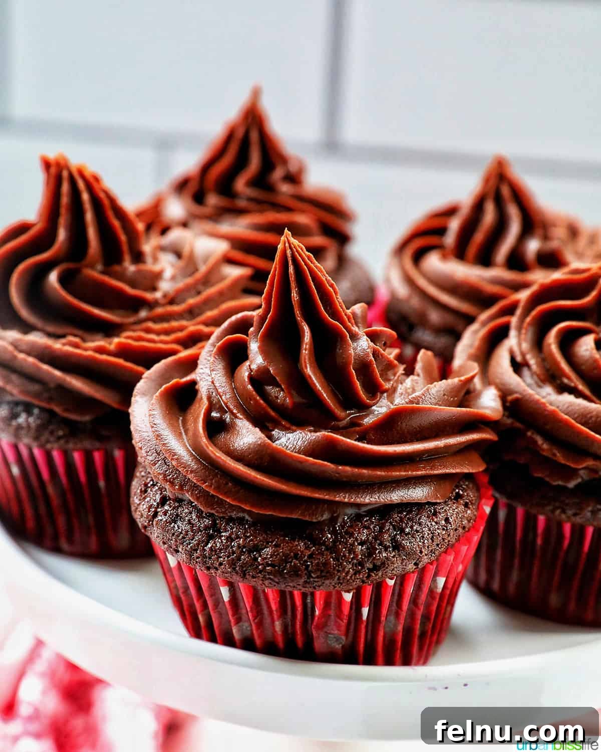 Velvet Chocolate Fudge Cupcakes 2 chocolate cupcakes with chocolate fudge frosting stacked on a cake pedestal.