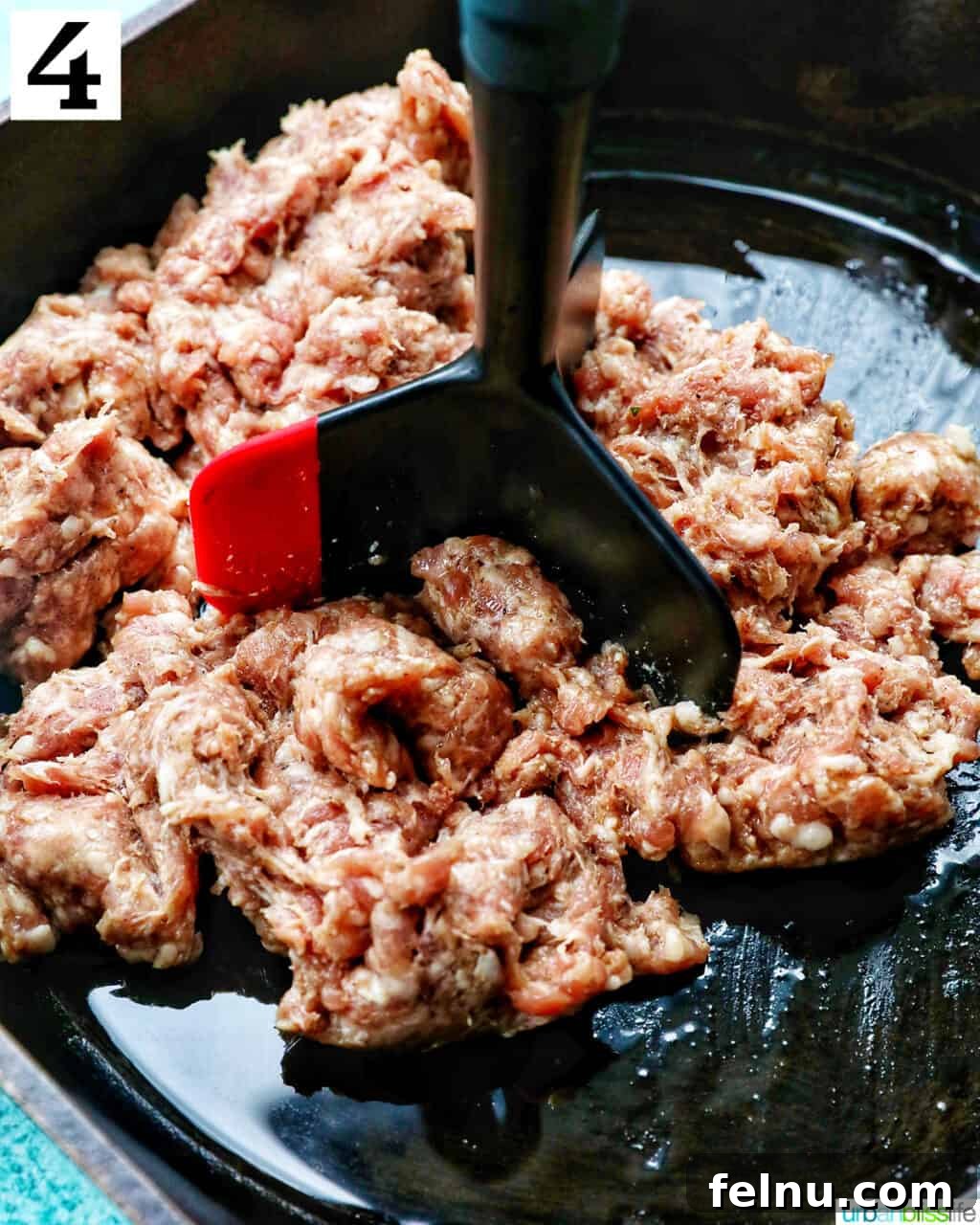 Sizzling Sausage Potato Hash 11 Ground breakfast sausage browning in a hot skillet.