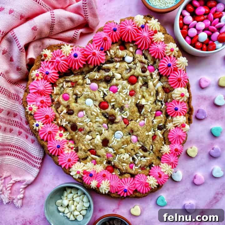 Love Struck Cookie Cake 21 A Valentine's Day Cookie Cake with pink frosting, pink, red and white M & M candies, conversation hearts candies sprinkled around the cookie cake, and white sprinkles.