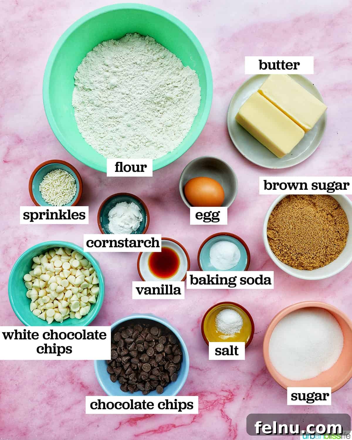 Love Struck Cookie Cake 4 bowls of ingredients to make Valentines cookie cakes.