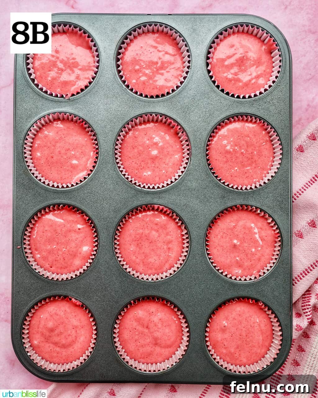 Strawberry Shortcake Crunch Cupcakes 19 Cupcake liners filled with batter, ready for the oven.