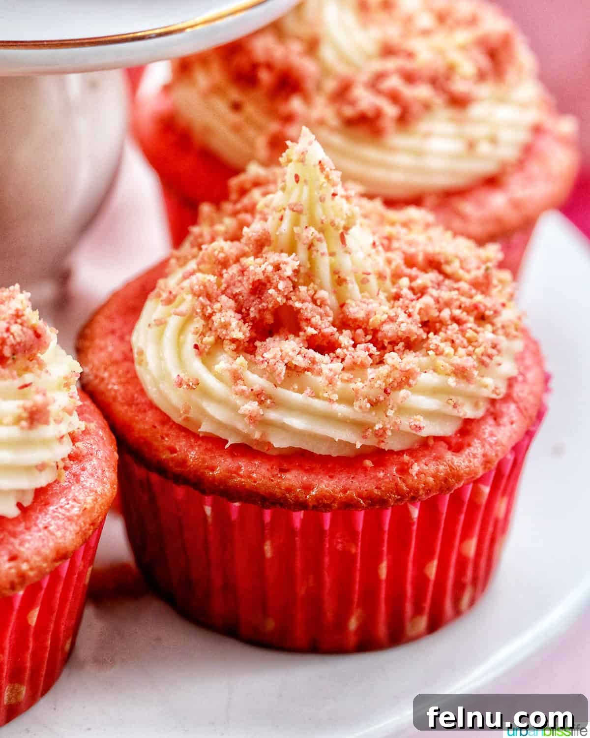Strawberry Shortcake Crunch Cupcakes 24 A single strawberry crunch cupcake captured in a beautiful side close-up, showcasing its layered textures and appealing colors.