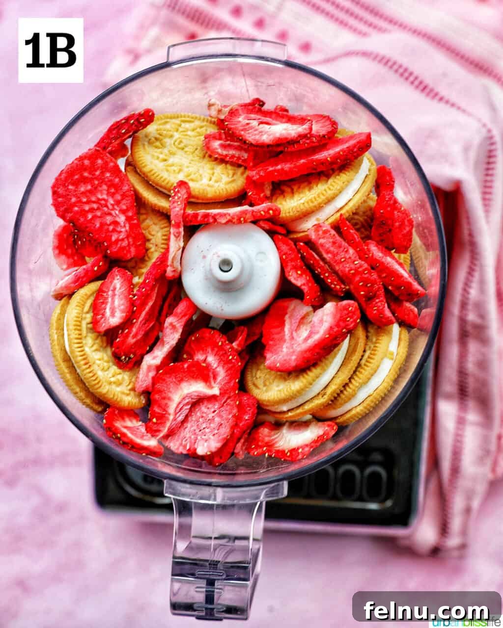 Strawberry Shortcake Crunch Cupcakes 7 Freeze-dried strawberries added to Golden Oreos in a food processor.