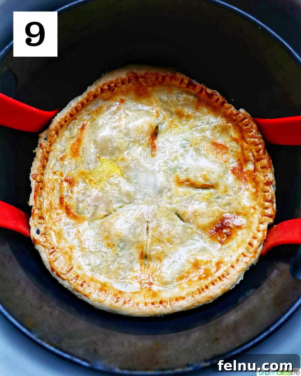 Flaky Air Fryer Chicken Pot Pie 16 baked chicken pot pie with flaky crust in an air fryer basket.