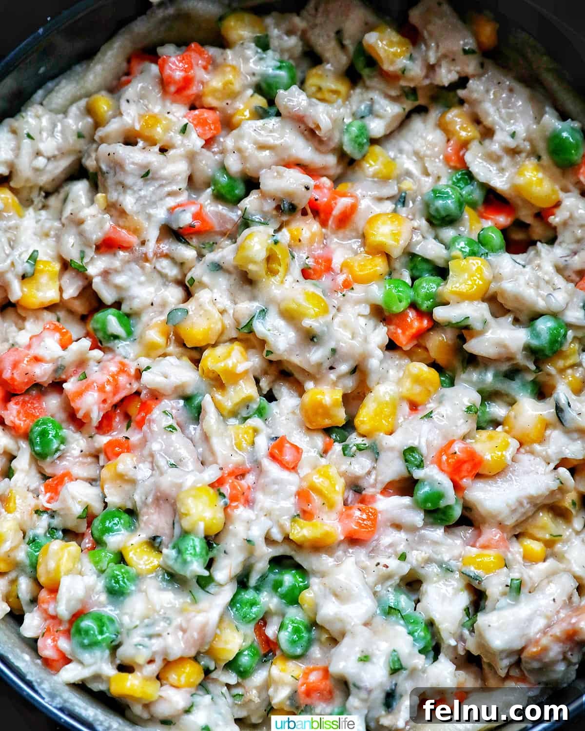Flaky Air Fryer Chicken Pot Pie 20 air fryer chicken pot pie filling closeup.