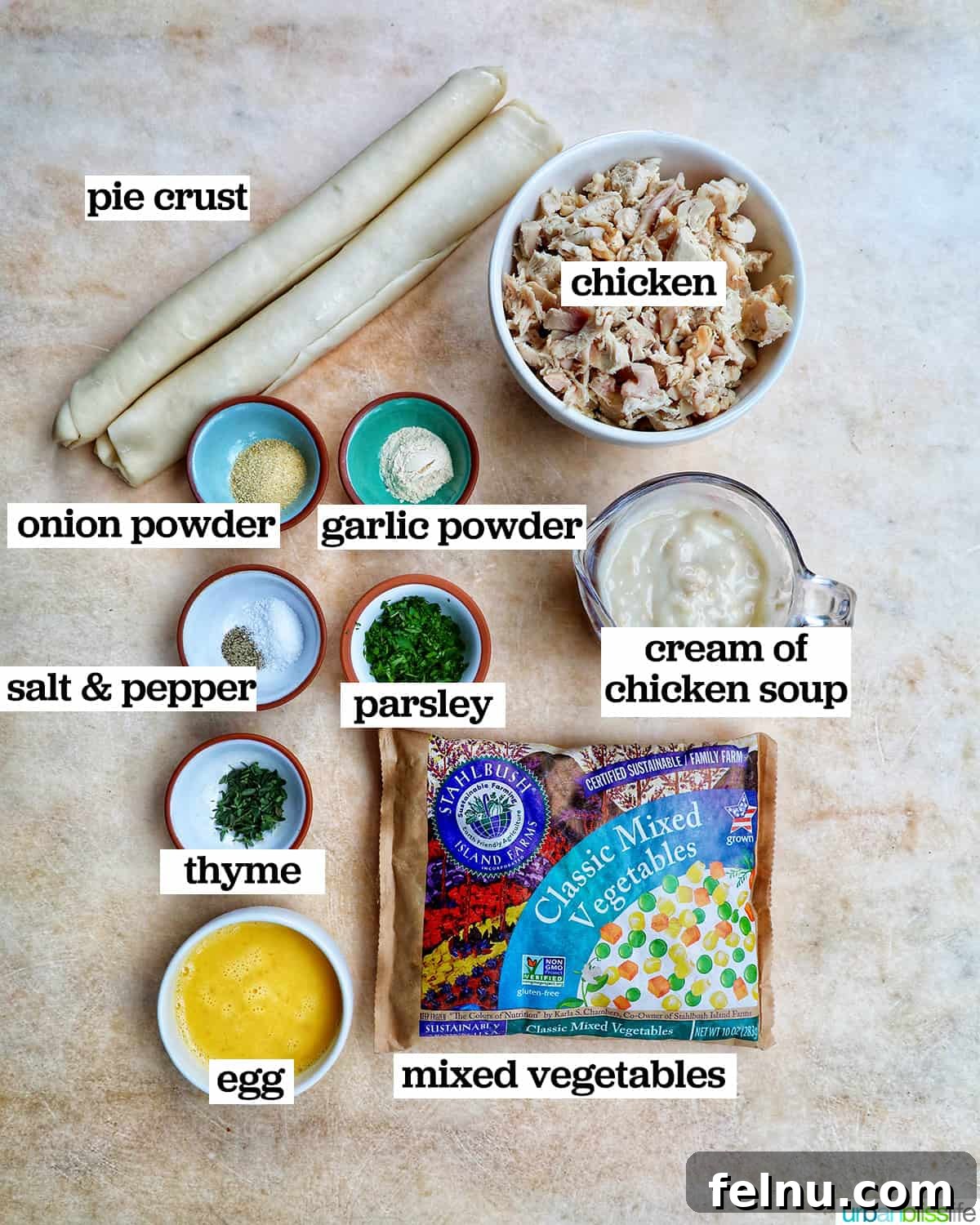 Flaky Air Fryer Chicken Pot Pie 4 bowls of ingredients to make air fryer chicken pot pie.