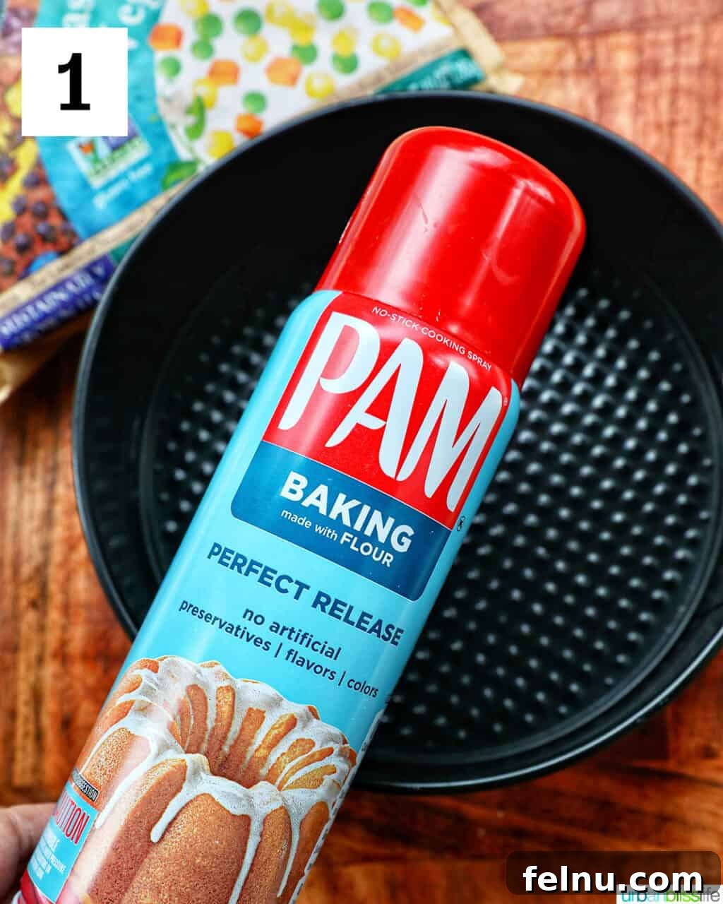 Flaky Air Fryer Chicken Pot Pie 5 pam baking spray bottle over an air fryer baking pan.