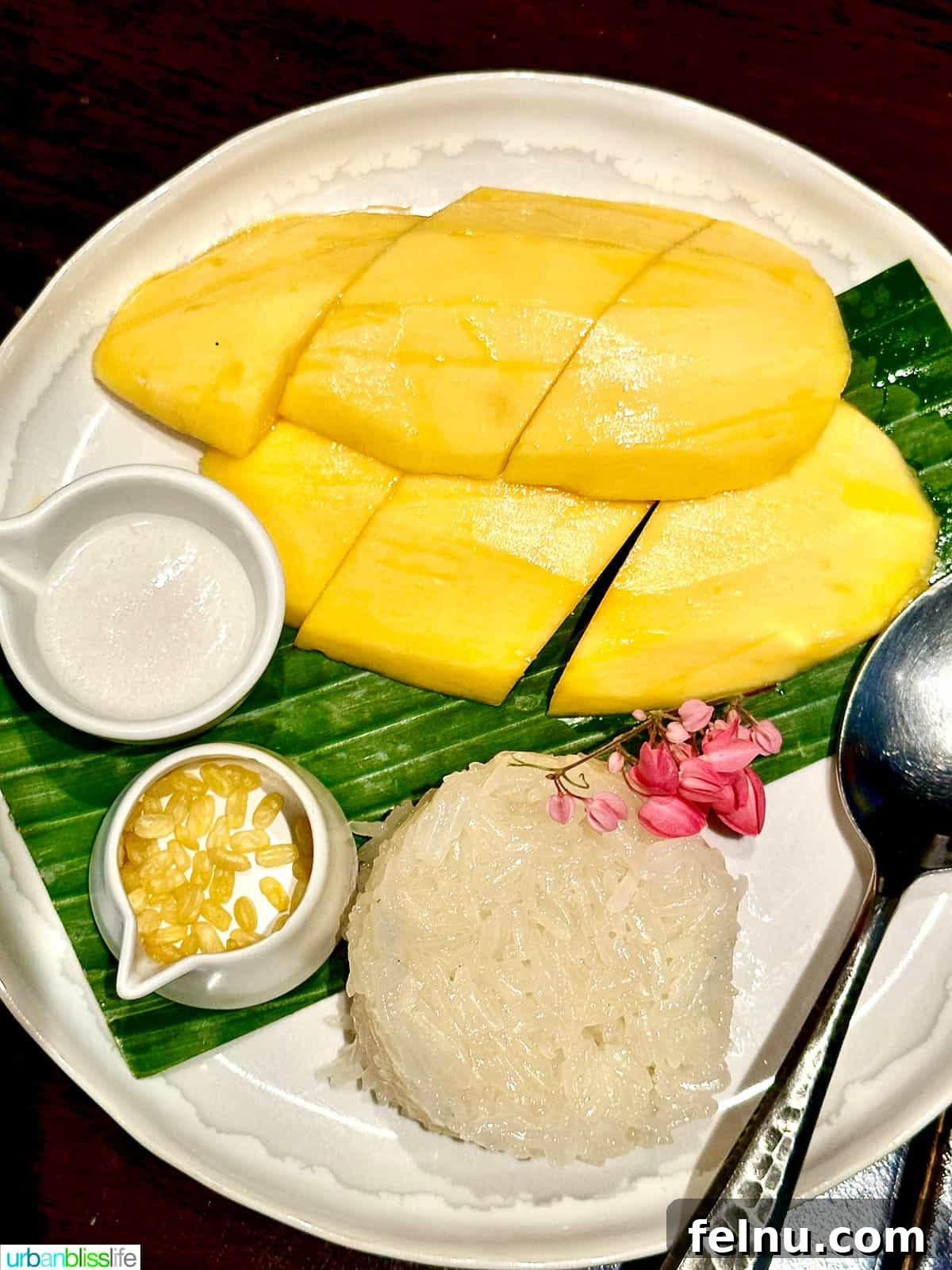 Over 30 Delectable Asian Dessert Ideas 4 A beautifully arranged plate of Mango Sticky Rice served on banana leaves.