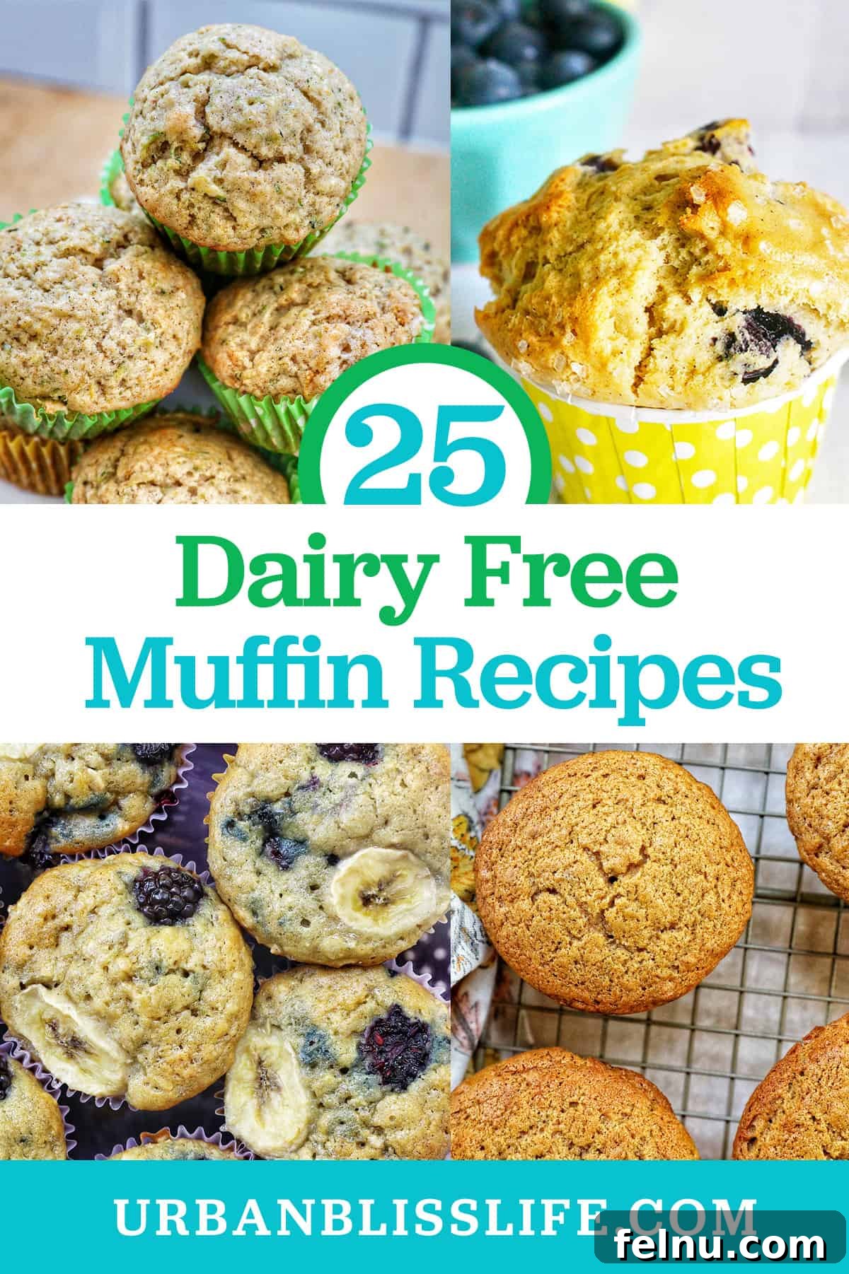 Over 25 Delicious Dairy-Free Muffins 2 Dairy-free vegan zucchini muffins and dairy-free lemon blueberry muffins collage. Title: 25 Dairy-Free Muffin Recipes.
