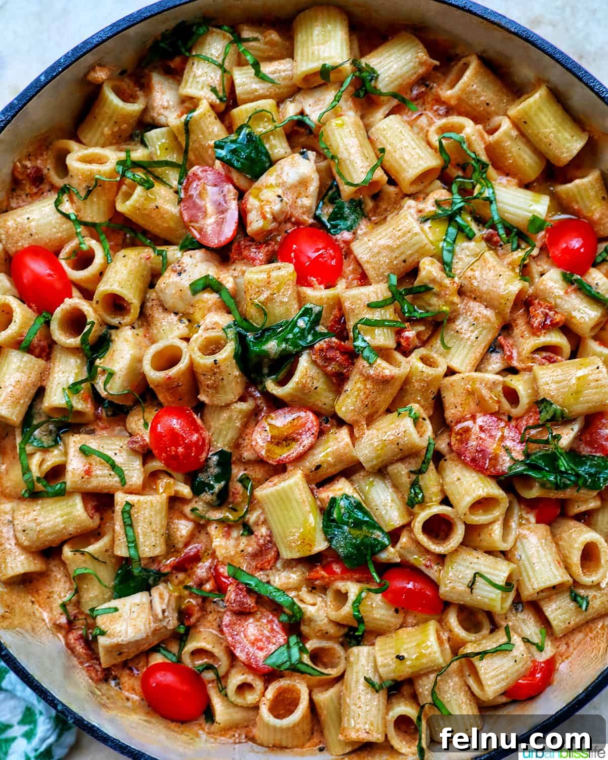 Velvety Tuscan Chicken Pasta 17 Close-up shot of creamy Tuscan pasta with chicken, tomatoes, and herbs, showcasing the rich texture.