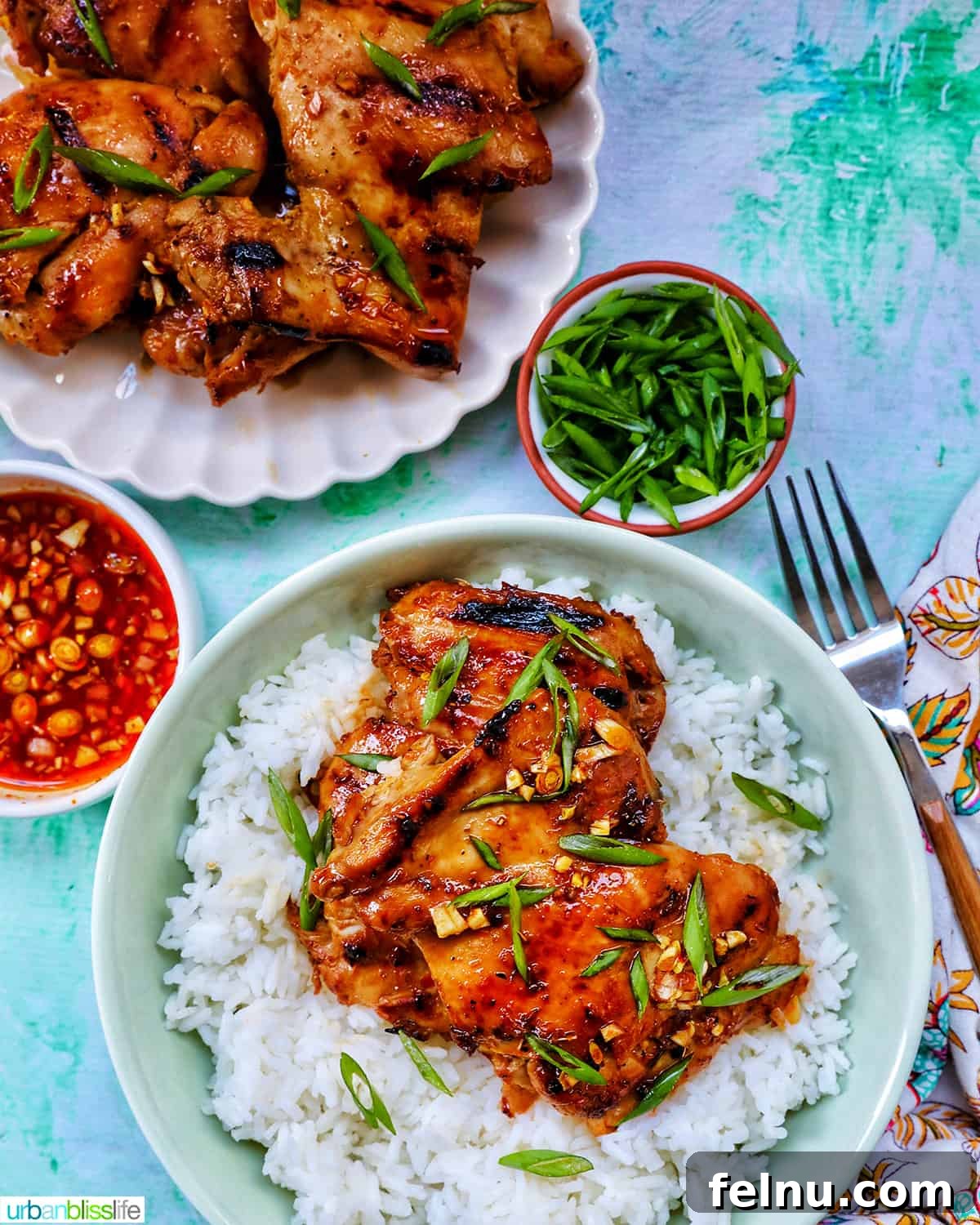 Thai Lemongrass Chicken
Delicious Thai Lemongrass Chicken Recipe 14 Thai Lemongrass Chicken served over rice with sliced green onion garnish, alongside a separate plate of extra chicken.