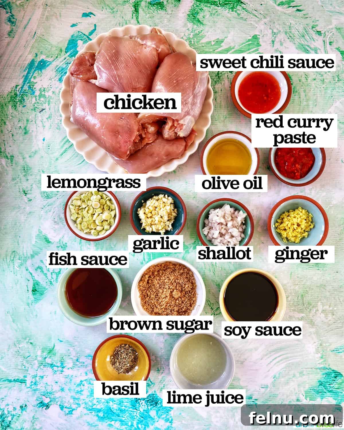 Thai Lemongrass Chicken
Delicious Thai Lemongrass Chicken Recipe 4 Bowls of ingredients for Thai Lemongrass Chicken, each labeled for easy identification.