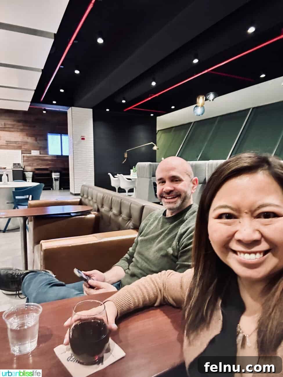 Four-Day New York City Getaway 38 Marlynn and Alain at Alaska Airlines Lounge at JFK Airport