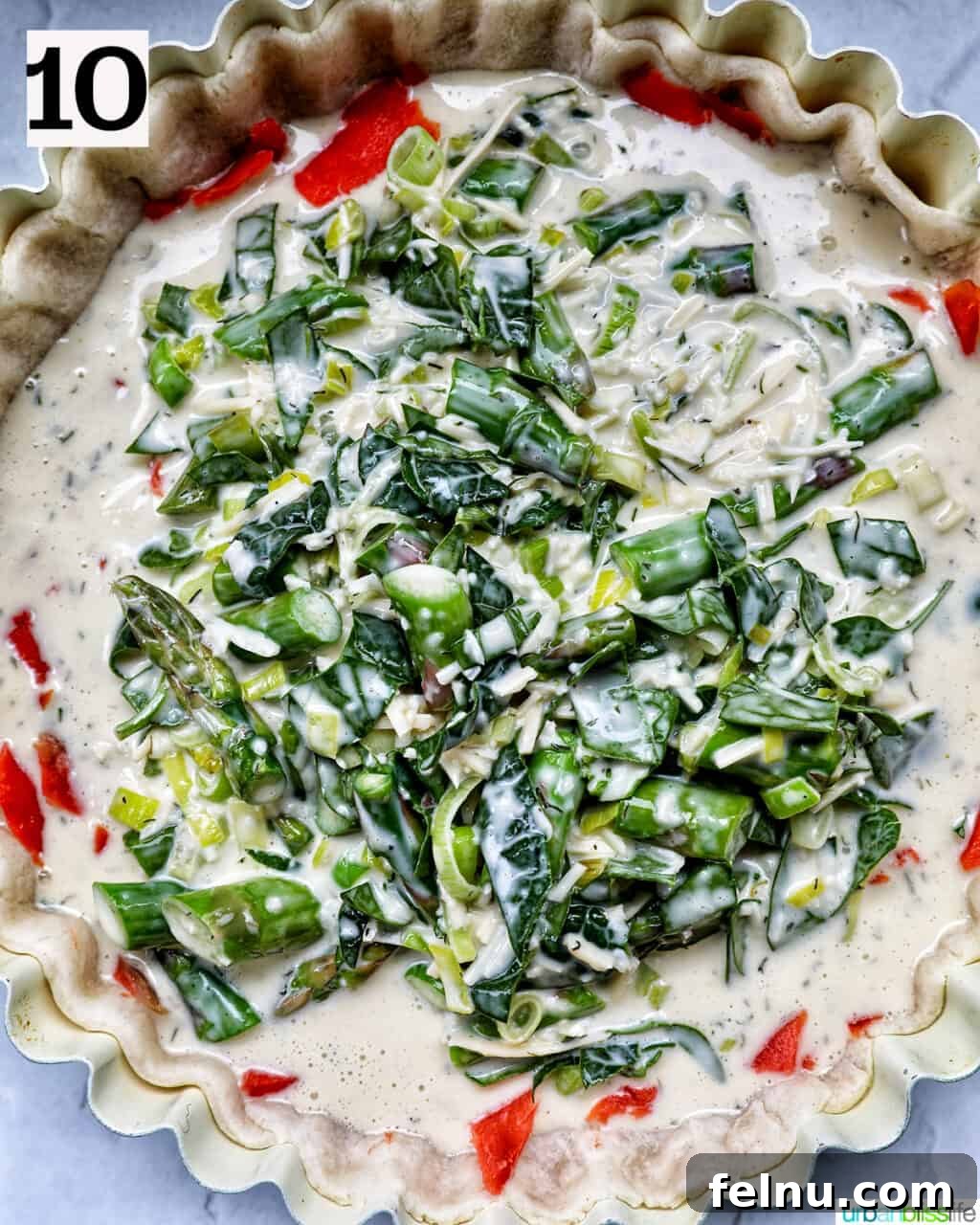 Smoked Salmon & Dill Quiche 17 The assembled quiche, with creamy filling, smoked salmon, asparagus, and leeks nestled in the pie crust, ready to be baked to golden perfection.