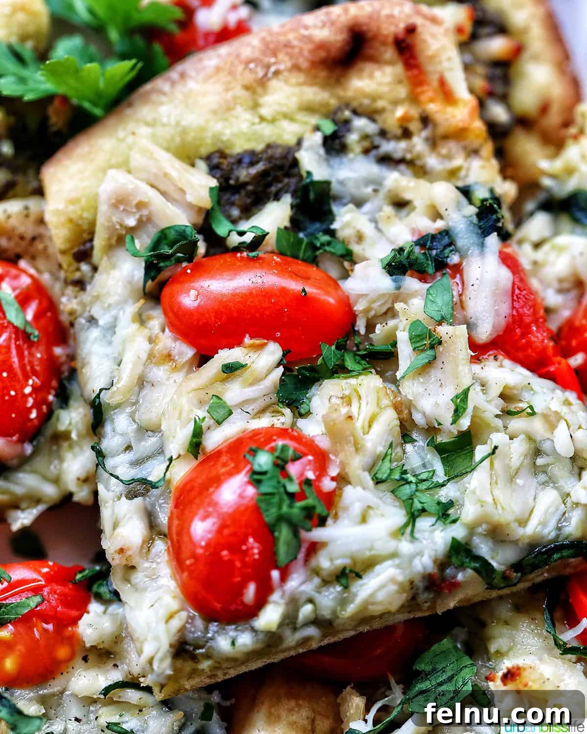 slices of chicken pesto flatbread on a plate, featuring both tomato and mushroom variations.