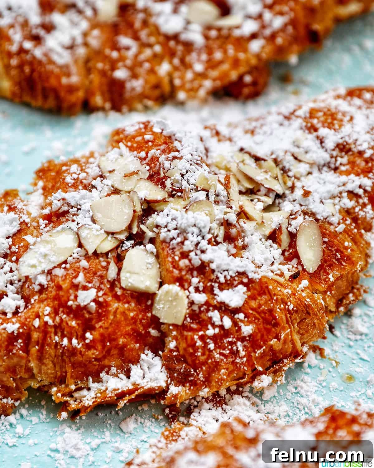 A tray of freshly baked almond croissants, showcasing their golden-brown color and almond topping.