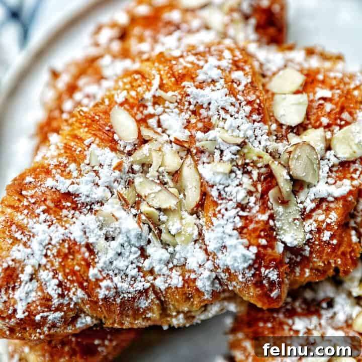 Stack of almond croissants on a plate.