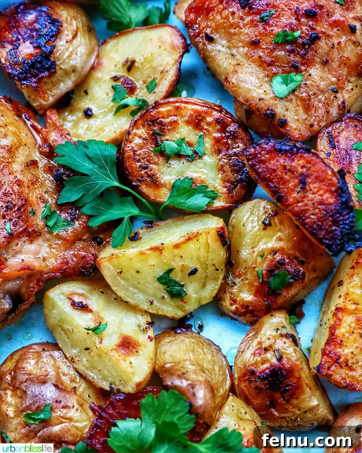 Tek Tepside Tavuklu Patates 15 chicken and potatoes garnished with parsley and lemon slices.