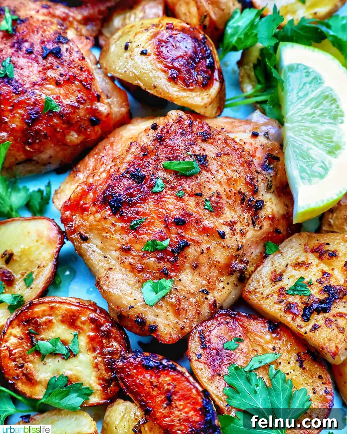 Tek Tepside Tavuklu Patates 3 chicken and potatoes garnished with parsley and lemon slices.
