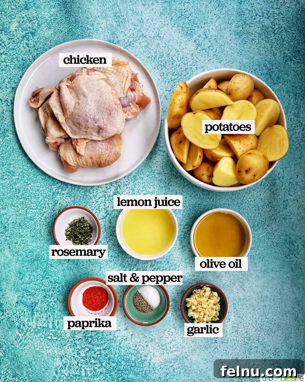 Tek Tepside Tavuklu Patates 4 bowls of ingredients to make sheet pan chicken and potatoes.