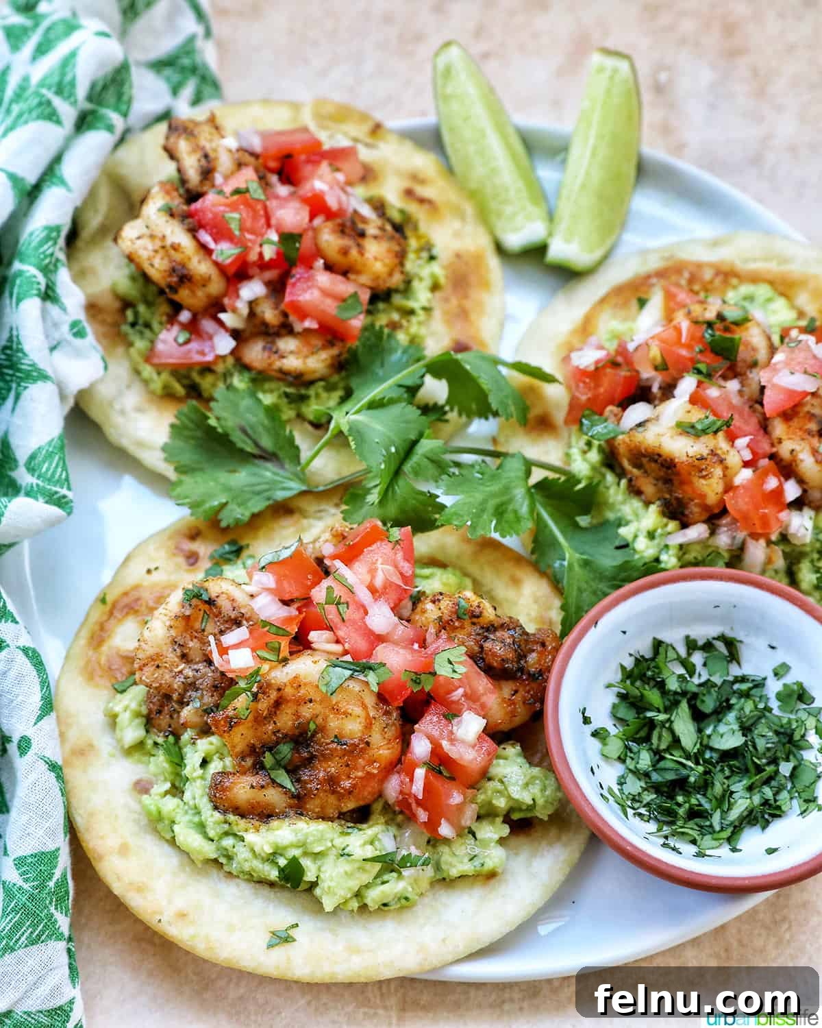 Overhead view of three shrimp tostadas.