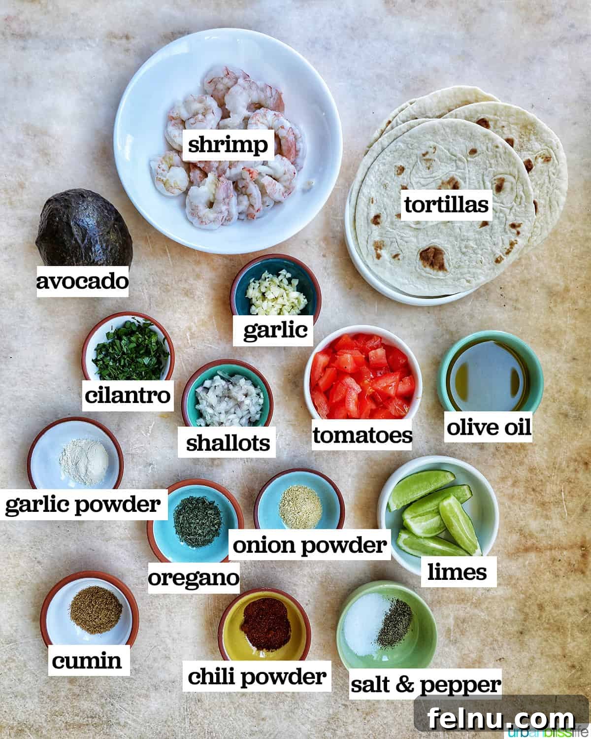 Bowls of ingredients for shrimp tostadas.