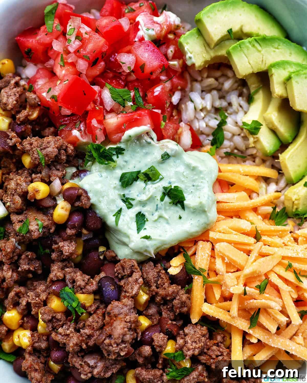 Effortless Fiesta Bowls 14 Close-up of a taco bowl with ground beef, beans, cheese, pico de gallo, avocado, rice, and avocado cilantro lime crema.