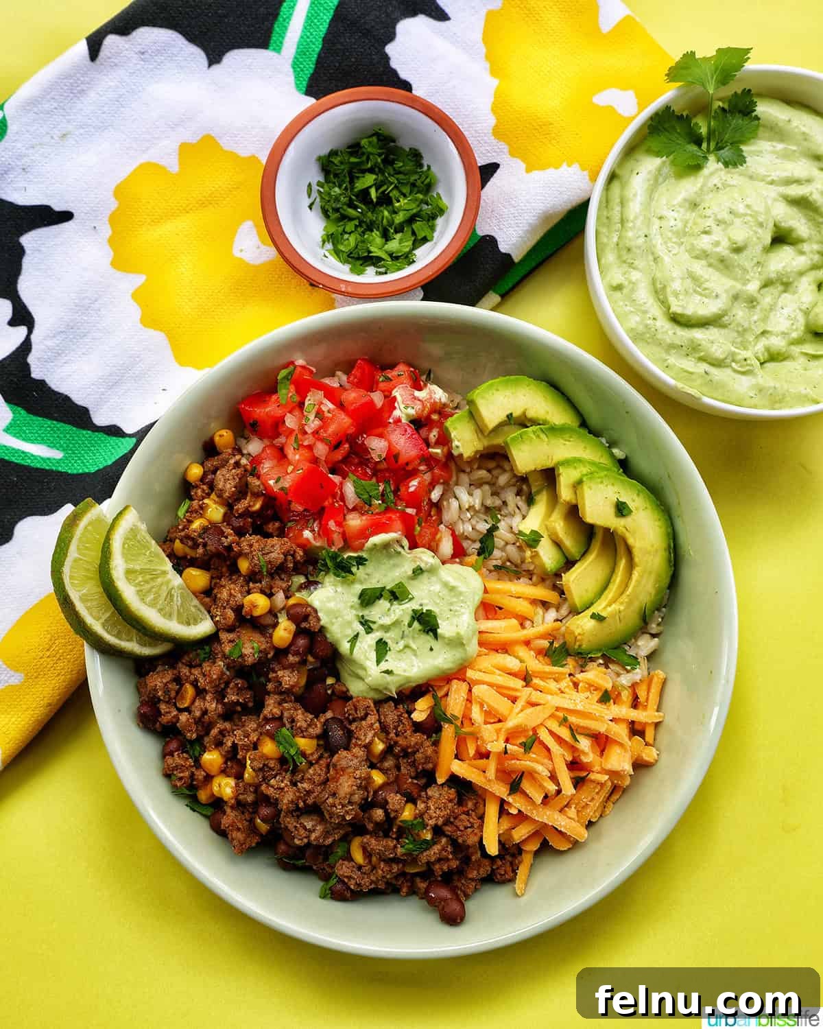 Effortless Fiesta Bowls 17 Overhead shot of taco bowl ingredients and kitchen tools.
