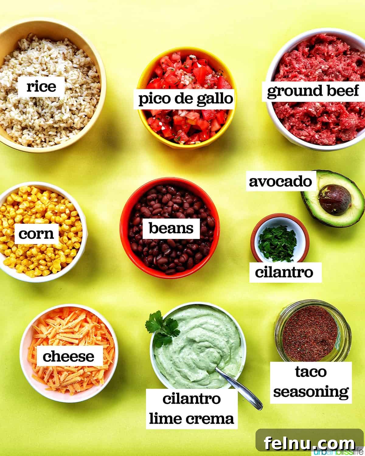 Effortless Fiesta Bowls 4 Bowls of ingredients needed to make delicious taco bowls.
