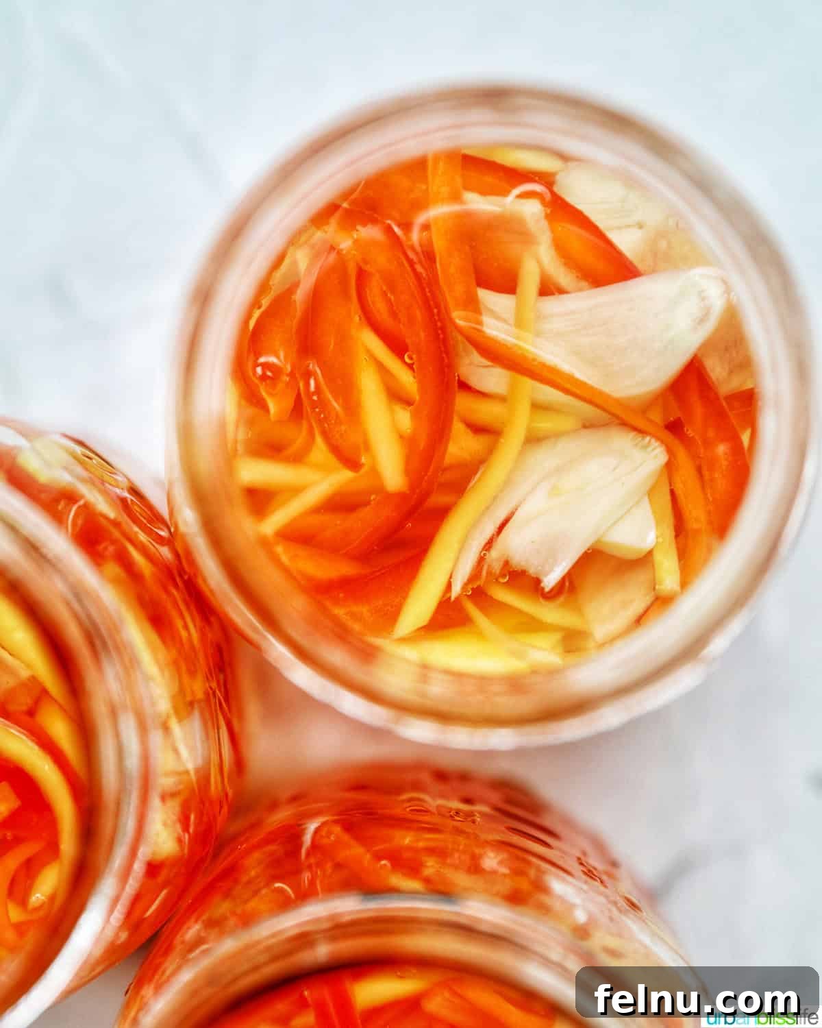 Filipino Atchara: Sweet and Sour Papaya Pickle 3 Overhead view of a mason jar filled with colorful Filipino Atchara, showcasing the fresh ingredients.