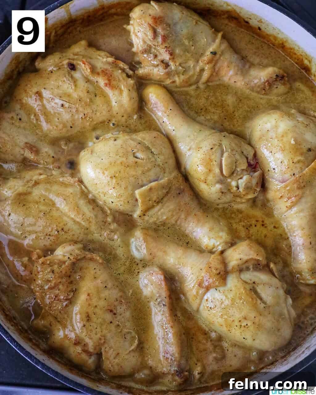 Filipino Chicken Curry
Authentic Chicken Adobo Curry Fusion 13 Chicken cooking in curry sauce in a large pan.