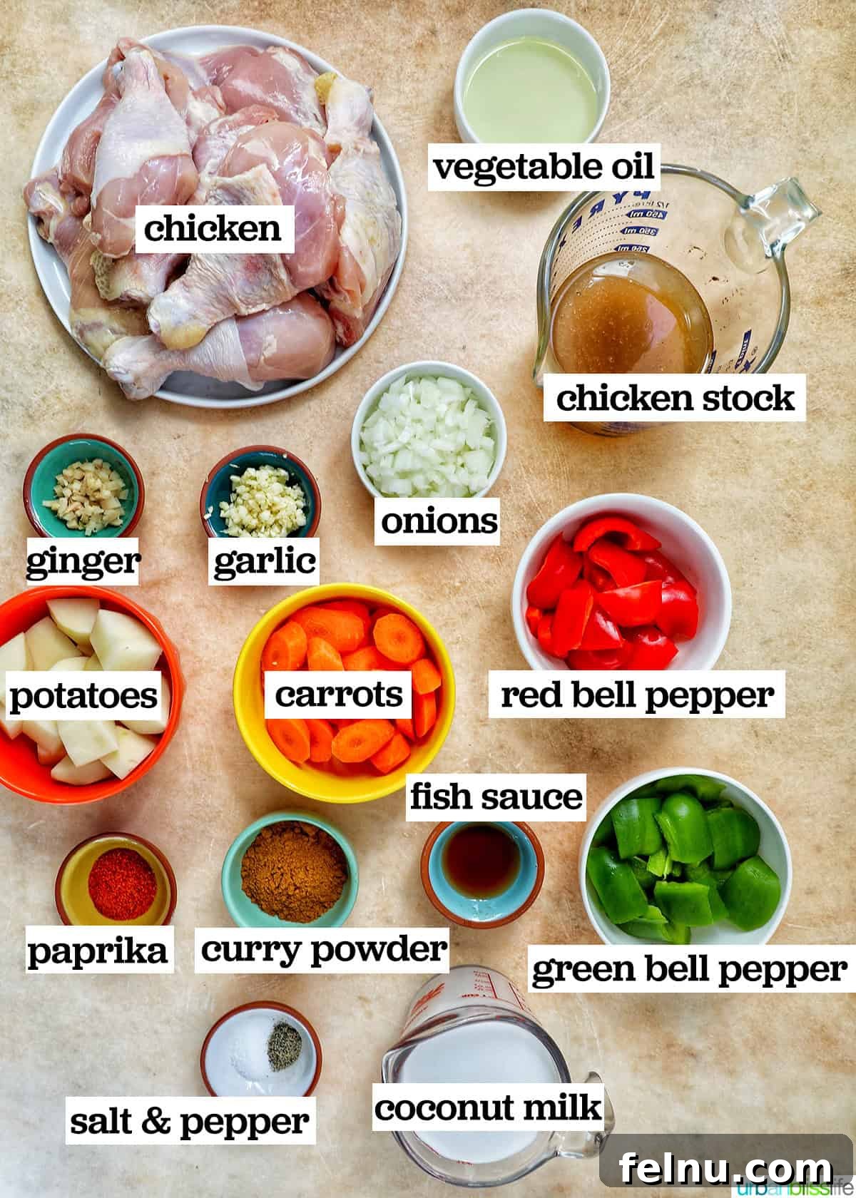Filipino Chicken Curry
Authentic Chicken Adobo Curry Fusion 4 Bowls of ingredients to make Filipino chicken curry.