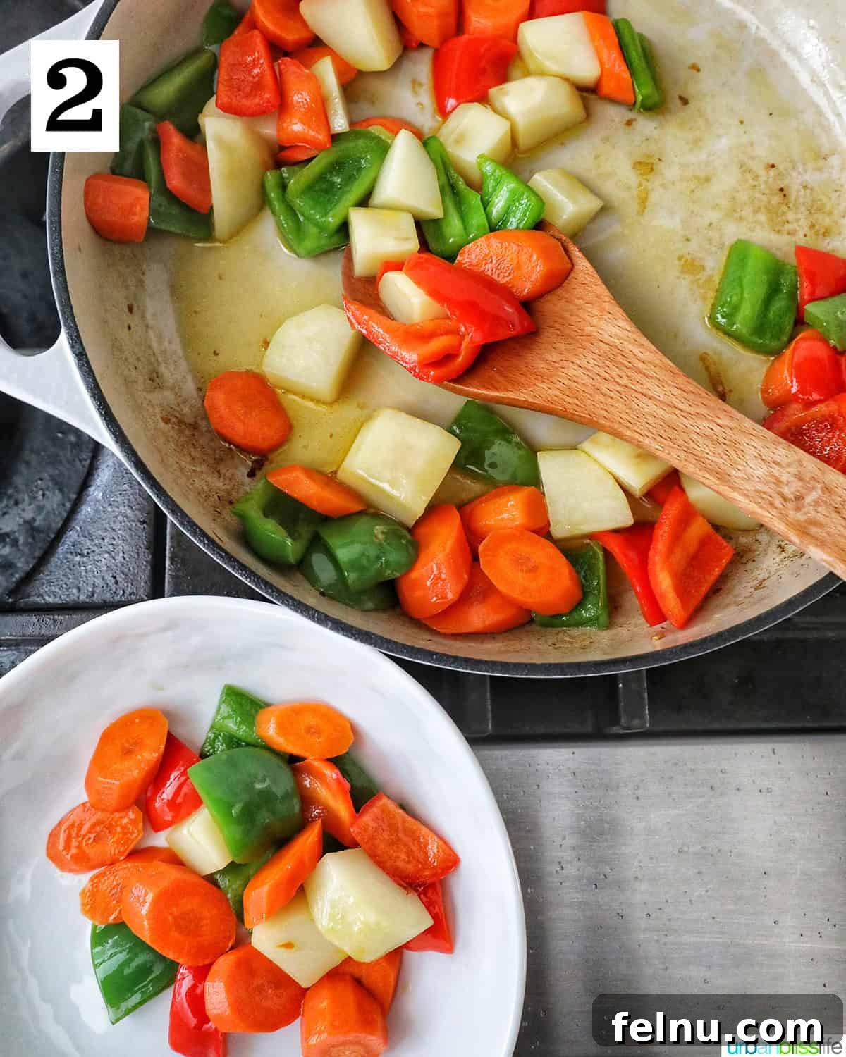 Filipino Chicken Curry
Authentic Chicken Adobo Curry Fusion 6 Chopped vegetables in a large pan and wooden spoon.