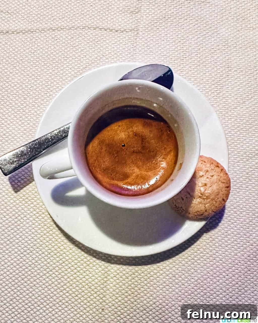 Cup of expresso, spoon, little cookie at Marea restaurant New York City (NYC).
