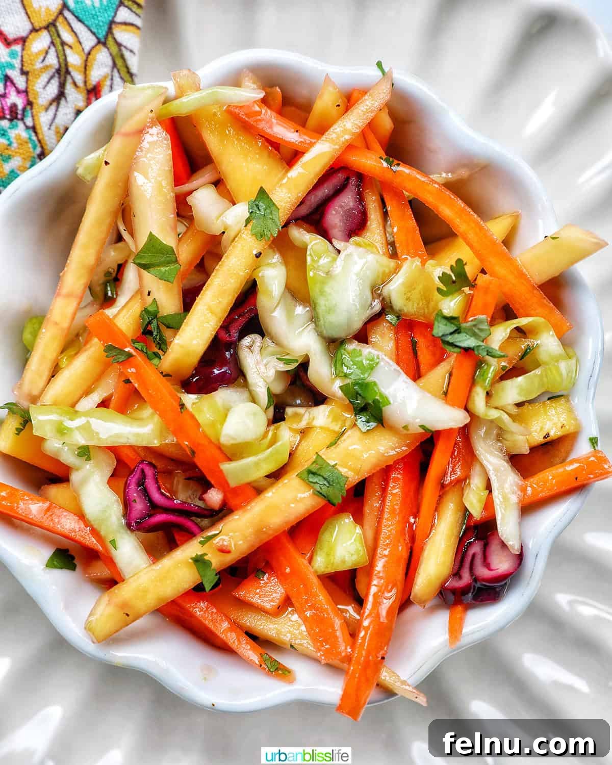 Mango Coleslaw 2 Mango slaw with cabbage, carrots, red bell pepper, mango.