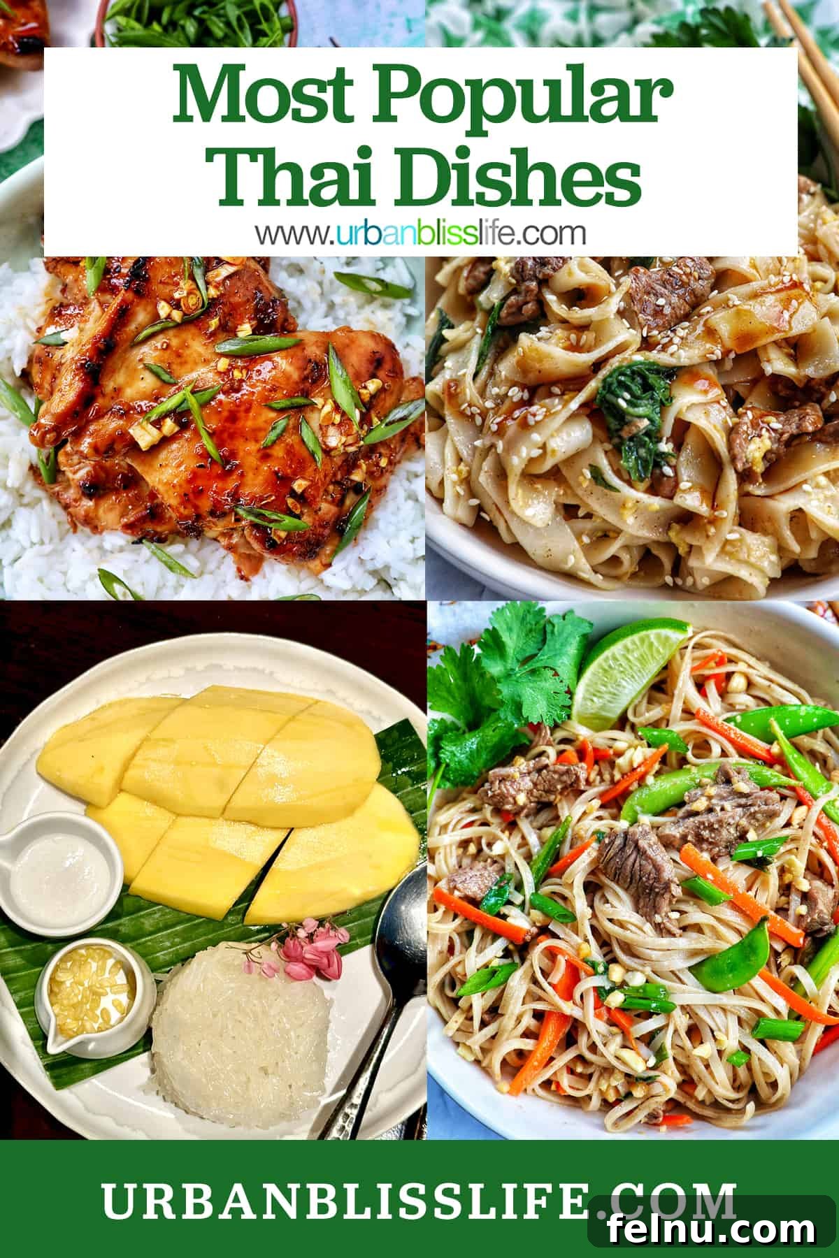 Must-Try Thai Dishes 2 Thai lemongrass chicken, pad see ew, beef pad thai, mango sticky rice with title text that reads 'Most Popular Thai Dishes.'