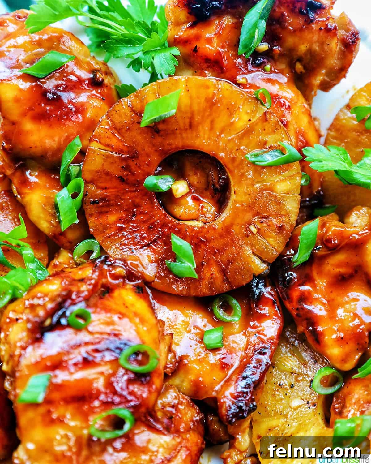 Hawaiian Grilled Chicken with Pineapple Glaze 14 Close up of Hawaiian BBQ chicken and pineapples